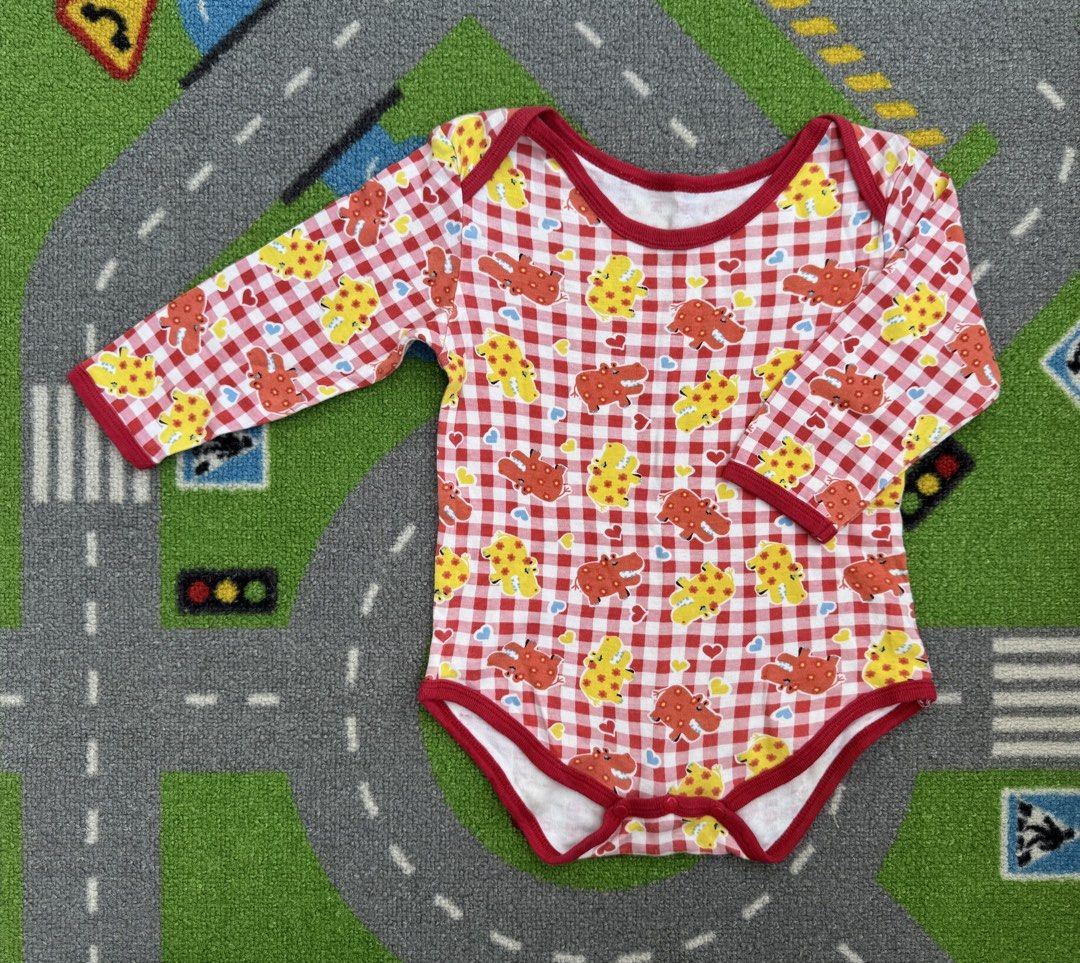 Long Sleeve Onesie (Category: Babies & Kids Fashion) located in Rizal. Submitted by preloovved (Listing ID 1463574523, Image 1). Description: - Preloved, 2yo - Adorable red gingham long sleeve baby bodysuit - Fun all-over print of yellow and red animals with blue hearts - Red trim on neckline and leg openings - Convenient snaps at the bottom for easy diaper changes - Ideal for everyday wear Meet-up only in GB1 San Mateo, Rizal Shipping fee c/o bu