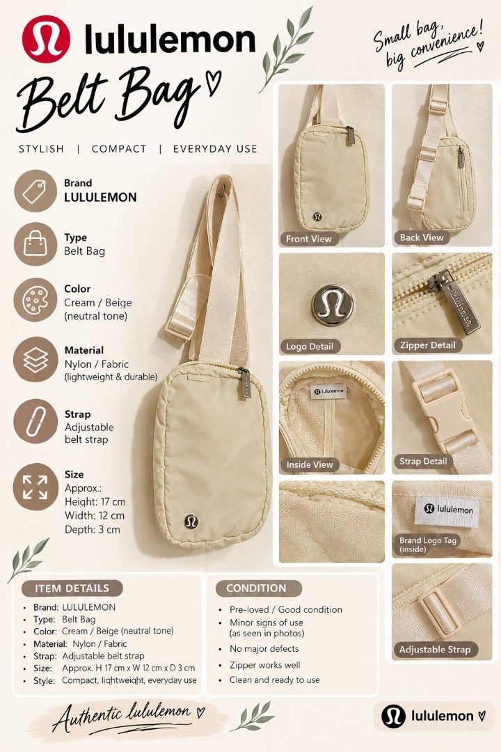 LULULEMON ADJUSTABLE BELT / CROSSBODY BAG (Category: Belt bags, Clutches and Pouches) located in Cainta. Submitted by relove.finds_2020 (Listing ID 1463716149, Image 1). Description: LULULEMON ADJUSTABLE BELT / CROSS BODY BAG CREAM BEIGE | NEUTRAL TONE.