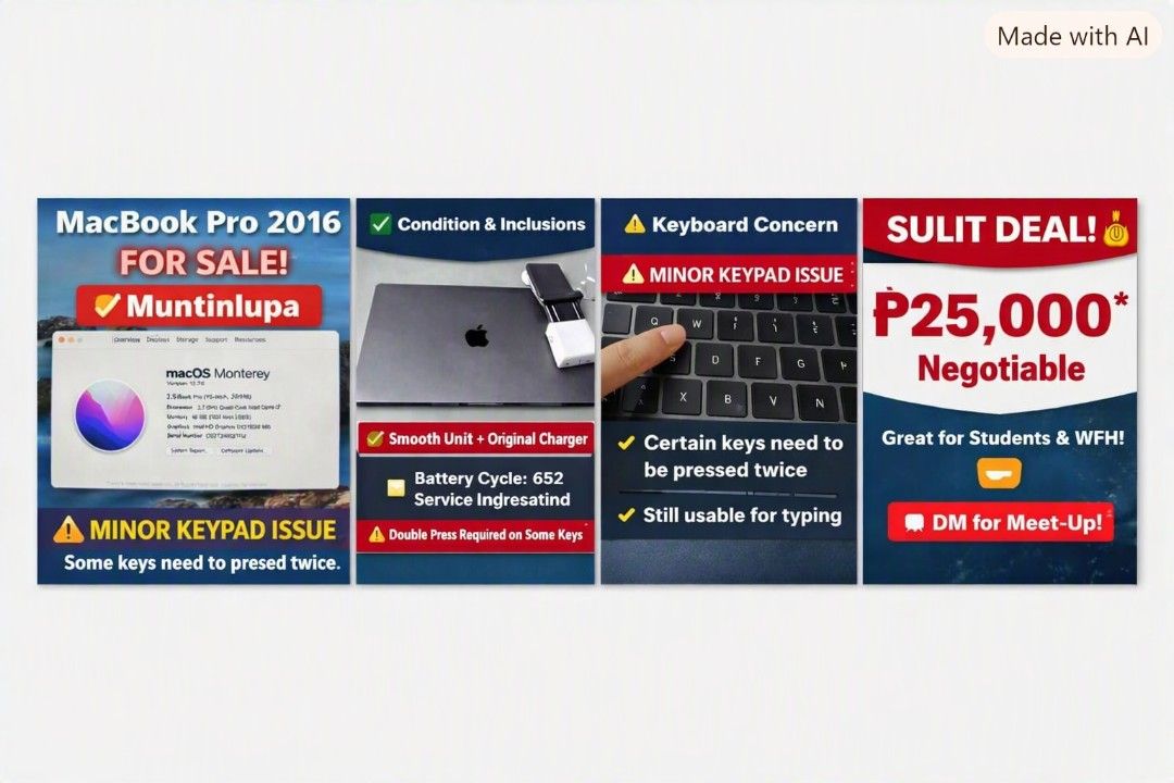 MacBook Pro 2016 13-inch Quad-Core i7 16GB RAM (Category: Laptops & Notebooks) located in Muntinlupa City. Submitted by cozmovingout (Listing ID 1463608913, Image 1). Description: - MacBook Pro 2016 - Running macOS Monterey - Minor keypad issue: some keys require a double press - Battery cycle count: 652 - Includes original charger - Ideal for students and Work From Home setups - Price is negotiable - DM to arrange meet-up.