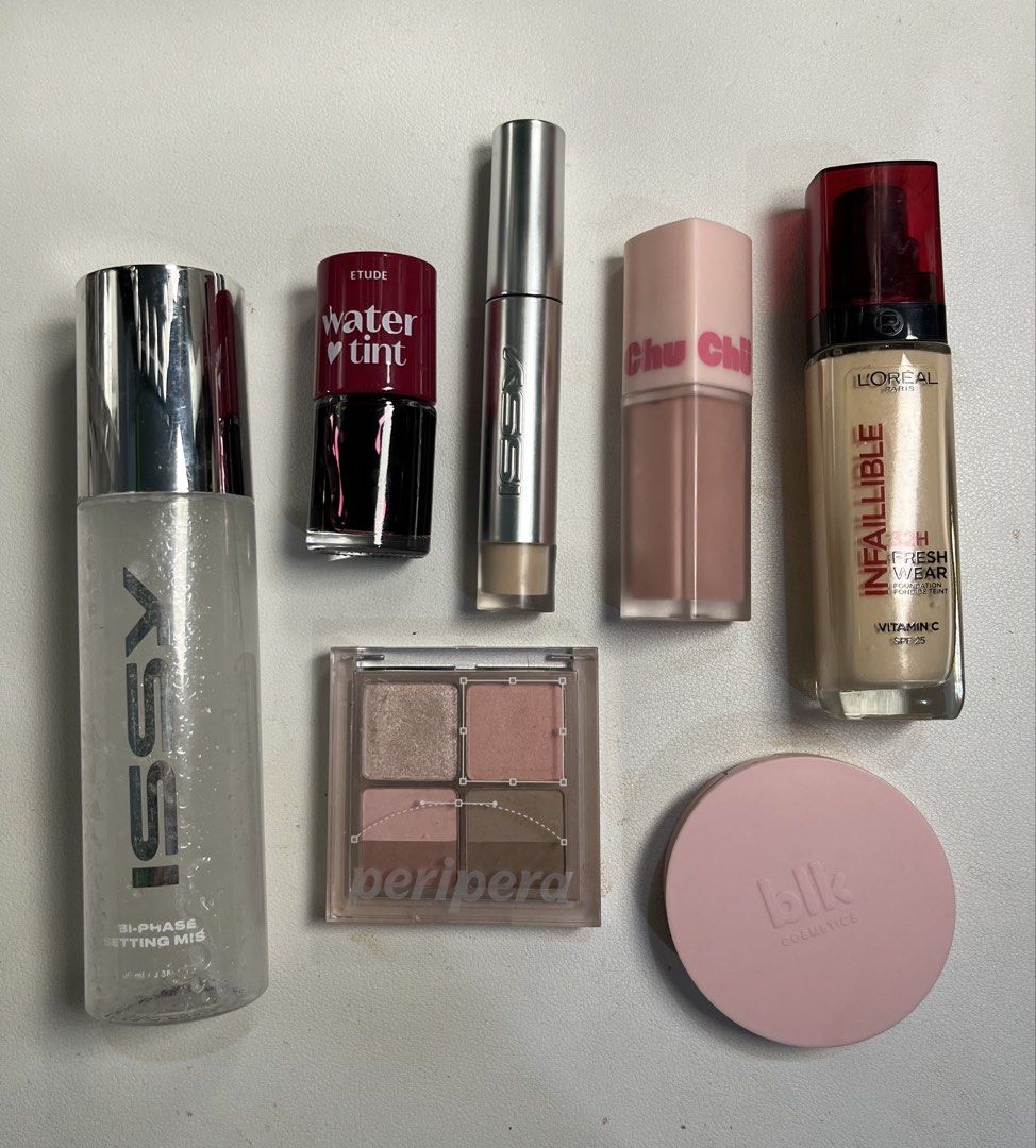 Makeup Bundle (Take all) (Category: Makeup) located in Caloocan City. Submitted by maryrosei (Listing ID 1463616151, Image 1). Description: Decluttering Issy Bi-phase Setting Mist Loreal Infallible Foundation Shade 020 (almost full) Chuchu blush shade Ballet Pink Blk soft blur blush shade Funfetti Peripera eyeshadow pallet 13 Etude Water tint shade 04 Red Grapefruit Ade Issy under-eye brightening fluid in Fair Peach (swatched only) Loc: Brgy. Mam