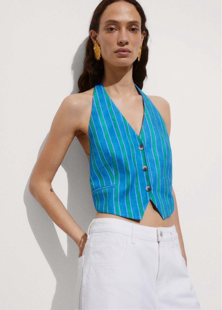 Mango LINEN STRIPE PRINTED WAISTCOAT (Category: Sleeveless) located in Batangas. Submitted by wearmegals (Listing ID 1463577486, Image 2). Description: - Button front closure - Adjustable tie at the back - Cropped length - At least 50% Linen - Natural, breathable and lightweight - Worn once.