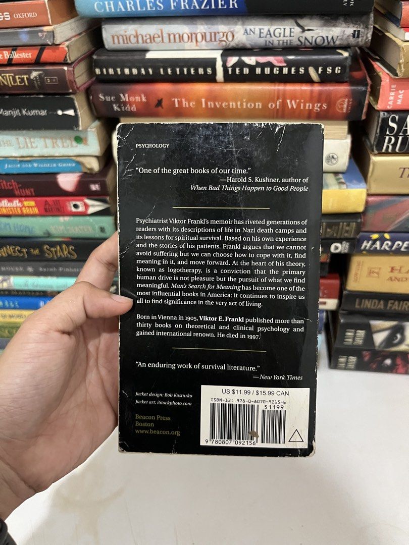 Man's Search for Meaning by Viktor E. Frankl (Category: Storybooks) located in Taytay. Submitted by thelibrarist.800 (Listing ID 1463644441, Image 3). Description: - Classic book by Viktor E. Frankl. - Explores experiences in Nazi death camps. - Introduces logotherapy, a method for finding meaning. - A profound read on finding purpose even in suffering. - Features a new foreword by Harold S. Kushner. - Over 12 million copies sold worldwide. - Pub