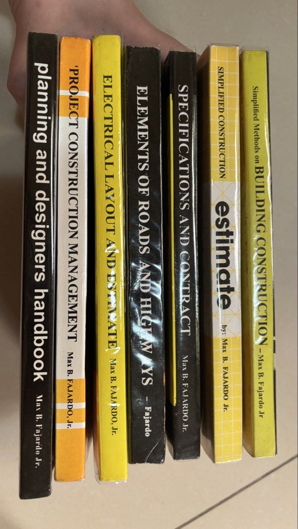 Max B. Fajardo Jr. Book Set (Category: Textbooks) located in Bulacan. Submitted by surneen (Listing ID 1463585795, Image 1). Description: - 7 books by Max B. Fajardo Jr. for Civil Engineering and Architecture students - Covers key topics: Planning, Project Management, Electrical Layout, Roads & Highways, Specifications, Estimate, and Simplified Construction. RFS: passed the CELE and MPLE Original Price: 1400 Condition: yellowing of pages. All boo