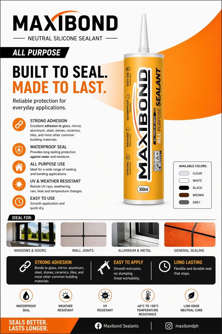 Maxibond All Purpose Neutral Silicone Sealant 300ml (Category: Construction & Building Materials) located in Manila. Submitted by pepperypop (Listing ID 1463696307, Image 3). Description: - Maxibond All Purpose Neutral Silicone Sealant - Built to seal, made to last - Reliable protection for everyday use - Strong adhesion - Waterproof seal - UV & weather resistant - Easy to apply - Long-lasting - Great for windows, doors, wall joints, aluminum, me