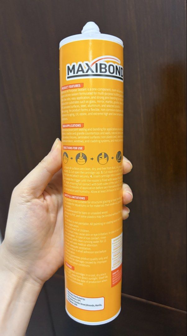 Maxibond All Purpose Neutral Silicone Sealant 300ml (Category: Construction & Building Materials) located in Manila. Submitted by pepperypop (Listing ID 1463696307, Image 2). Description: - Maxibond All Purpose Neutral Silicone Sealant - Built to seal, made to last - Reliable protection for everyday use - Strong adhesion - Waterproof seal - UV & weather resistant - Easy to apply - Long-lasting - Great for windows, doors, wall joints, aluminum, me