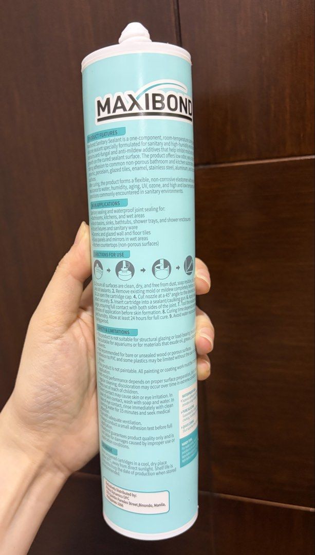 Maxibond Sanitary Sealant Kitchen & Bathroom 300ml (Category: Construction Tools & Equipment) located in Manila. Submitted by pepperypop (Listing ID 1463697144, Image 2). Description: - Maxibond Neutral Silicone Sealant - Waterproof & Mold/Mildew Resistant - Ideal for Kitchens & Bathrooms (Sinks, Tubs, Showers) - Easy to Apply for a Neat Finish - Neutral Cure Formula - Safe for Indoor Use - Keeps Wet Areas Clean & Healthy - Available in clear and