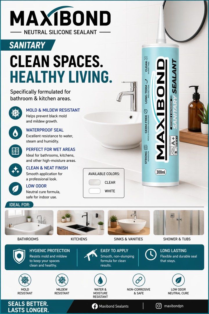 Maxibond Sanitary Sealant Kitchen & Bathroom 300ml (Category: Construction Tools & Equipment) located in Manila. Submitted by pepperypop (Listing ID 1463697144, Image 3). Description: - Maxibond Neutral Silicone Sealant - Waterproof & Mold/Mildew Resistant - Ideal for Kitchens & Bathrooms (Sinks, Tubs, Showers) - Easy to Apply for a Neat Finish - Neutral Cure Formula - Safe for Indoor Use - Keeps Wet Areas Clean & Healthy - Available in clear and