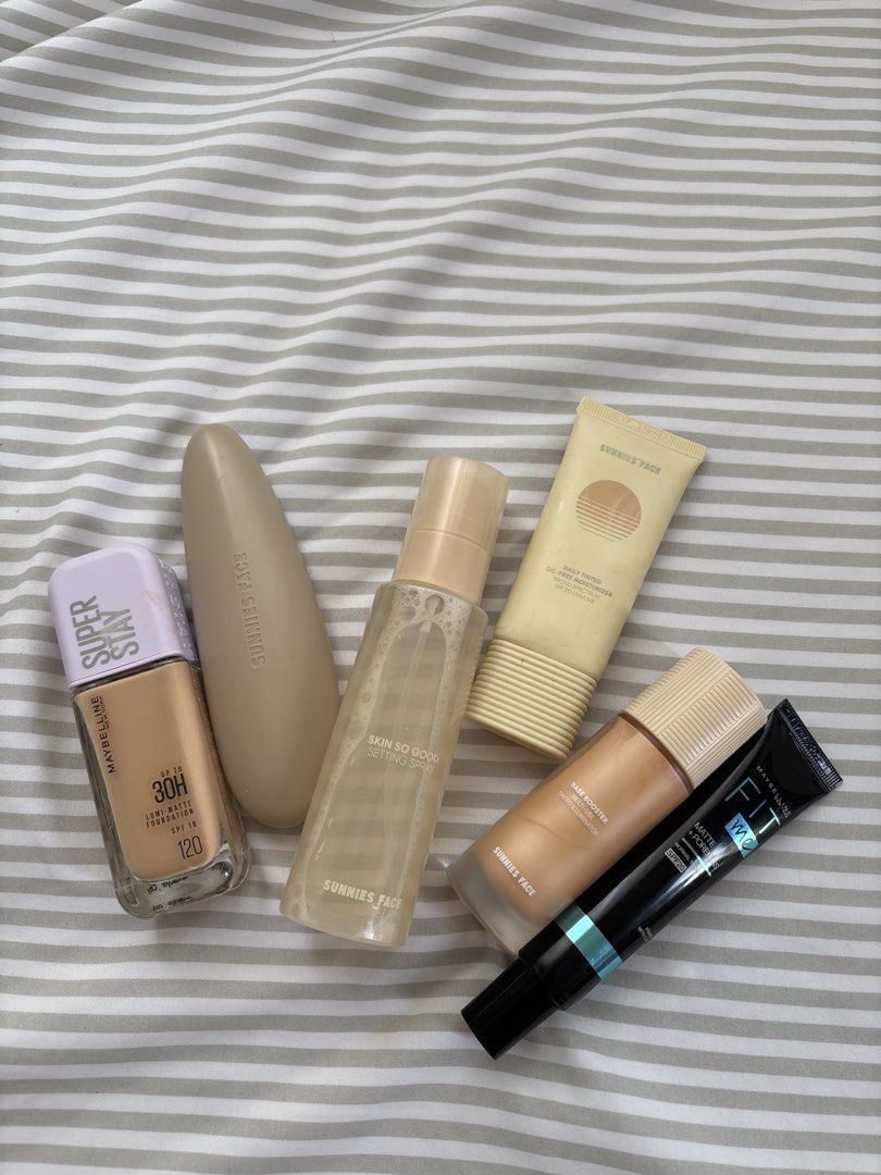 Maybelline & Sunnies Face Makeup Bundle (Category: Makeup) located in Pasig City. Submitted by anything.pre_loved (Listing ID 1463578687, Image 1). Description: Buy this as a set or buy individually :) I have a separate listing for each 💖 - Maybelline Super Stay Lumi-Matte Foundation (Shade 120) - Maybelline Fit Me Matte + Poreless Foundation - Sunnies Face Skin So Good Setting Spray - Sunnies Face Daily Tinted Oil-Free Moisturizer - Sunnies Fac