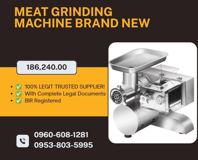 meat grinding machine brand new (Category: Everything Else Others) located in Caloocan City. Submitted by 09059603908 (Listing ID 1463614892, Image 1). Description: ●Voltage: 220v50hz ●Power: 1.3kw ●Production capacity: 250kg/h ●Waterproof rating: IP*1 ●Dimensions: 320*340*320mm ●Total weight: 38kg ●Slicing thickness: 3.5mm ●Meat grinding size: 6mm and 8mm .