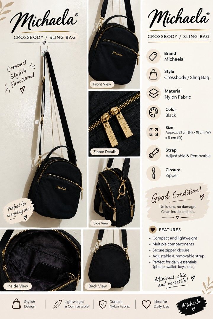 MICHAELA SLING BAGS (Category: Cross-body Bags) located in Cainta. Submitted by relove.finds_2020 (Listing ID 1463718503, Image 1). Description: - MICHAELA SLING BAG - BLACK AND GOLD ZIPPERS - HAS A LOT OF COMPARTMENTS - GOOD AS NEW.