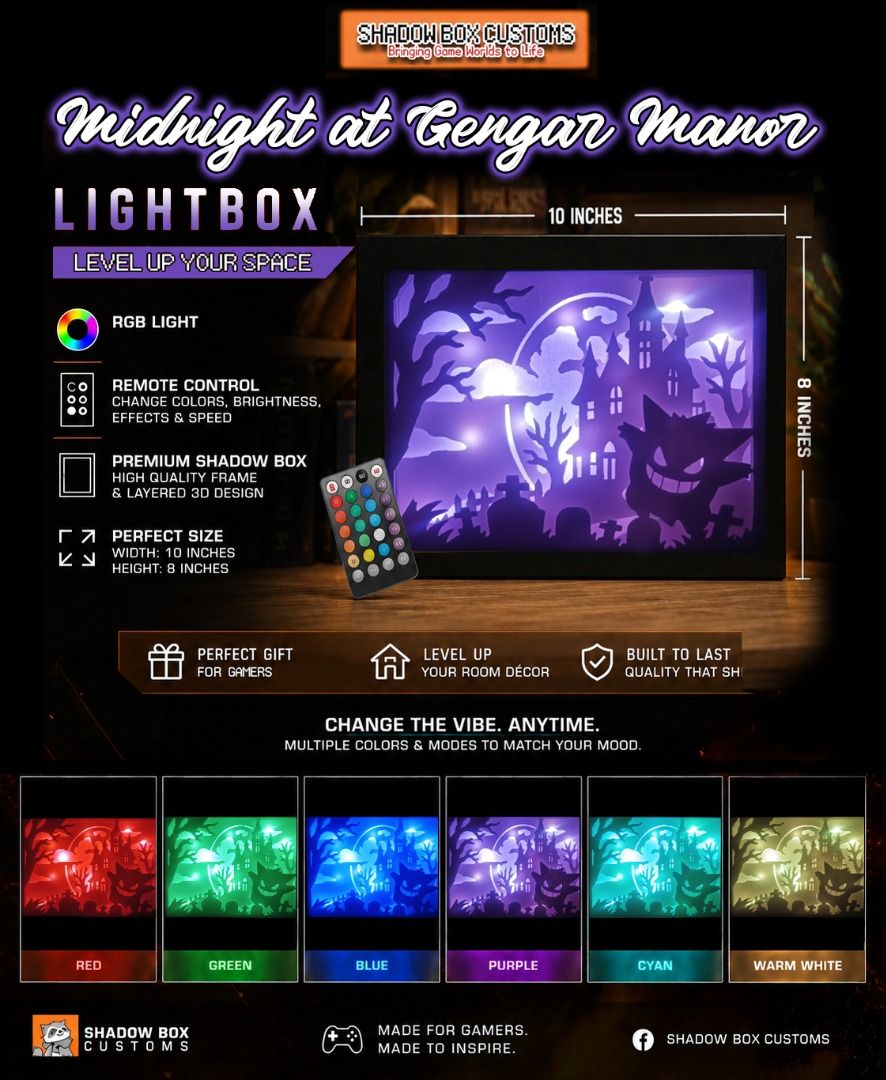 Midnight at Gengar Manor Pokemon Lightbox (Category: Nintendo) located in Quezon City. Submitted by natzuki10 (Listing ID 1463587775, Image 2). Description: Midnight at Gengar Manor Pokemon Lightbox Height: 10 inches Width: 8 inches *Comes with remote control to change light & with more functions. *Handmade Lightboxes *Perfect for Gamers & Collectors #videogames #nintendo #roomdecor #collection #gamer #giftideas .