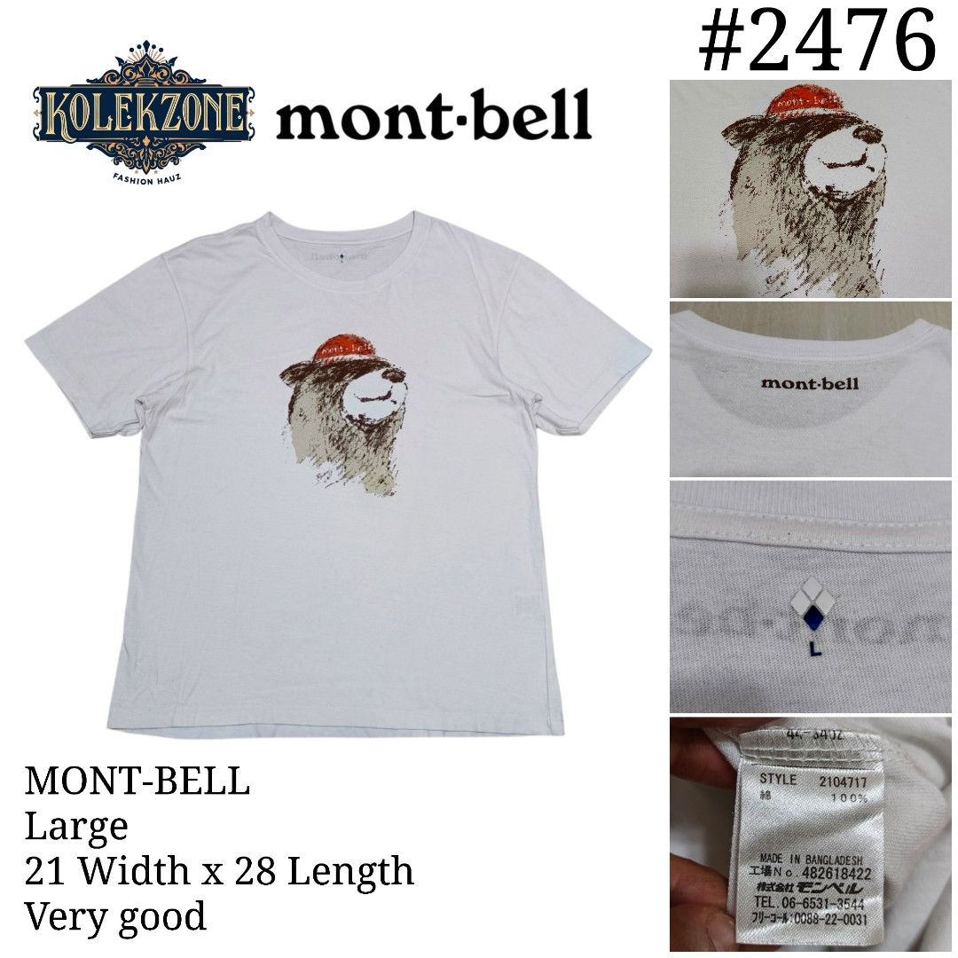 Mont-Bell T-shirt Large Bear Graphic (Category: Tshirts & Polo Shirts ) located in Nasugbu. Submitted by staffpicks1515 (Listing ID 1463650724, Image 1). Description: - Mont-Bell Graphic Tee - Cool bear with hat design - Size: Large - Measurements: 21" width, 28" length - Condition: Very Good - Made in Bangladesh.