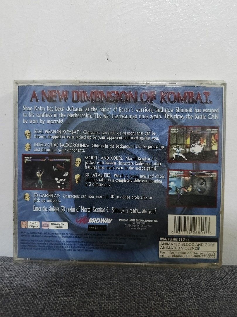Mortal Kombat 4 NTSC-U/C (Category: PlayStation) located in Cavite. Submitted by bodega_ni_kiks11 (Listing ID 1463687222, Image 2). Description: Mortal Kombat PS1 (NTSC-U/C) (Black Label) ☑️Complete In Box/with manual ☑️Near Mint Disc Condition ☑️ Tested Working ☑️Inlay/Manual very crispy/like new Price: ₱3500 For serious collectors only.‼️ Pwede ako magsend ng video niya. Pwede din puntahan dito sa bahay para itest Loc: Imus,Cavite Mode of payme