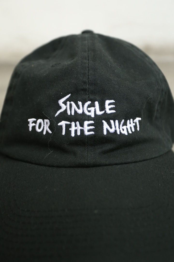 Nasaseasons - "Single For The Night" Cap (Category: Caps & Hats) located in Manila. Submitted by graymatter_ (Listing ID 1463653877, Image 2). Description: Nasaseasons - "Single For The Night" Cap Cotton Twill Cap in Black, Tonal Embroidered Eyelet Vents at Crown, Text Embroidered in White at Face, Graphic Embroidered in White and Adjustable Cinch Strap at Back, Gunmetal-Tone Hardware, Tonal Stitching Tagged Size: One Size Condition: 9/10 Materia