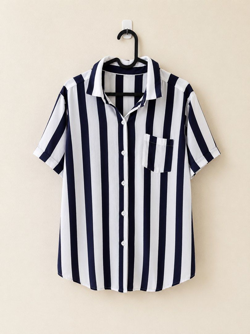 Navy & White Striped Button-Down Shirt | Lightweight Beach Cover-Up (Category: Coats, Jackets and Outerwear) located in Bulacan. Submitted by rks_closet (Listing ID 1463583417, Image 1). Description: Description 🌊 NAVY & WHITE STRIPED BEACH COVER-UP 🌊 Chic and lightweight navy & white vertical striped button-down shirt — perfect as a beach/pool cover-up or casual oversized outer layer. 🤍💙 ♡ Navy & white vertical stripes ♡ Lightweight, breezy 