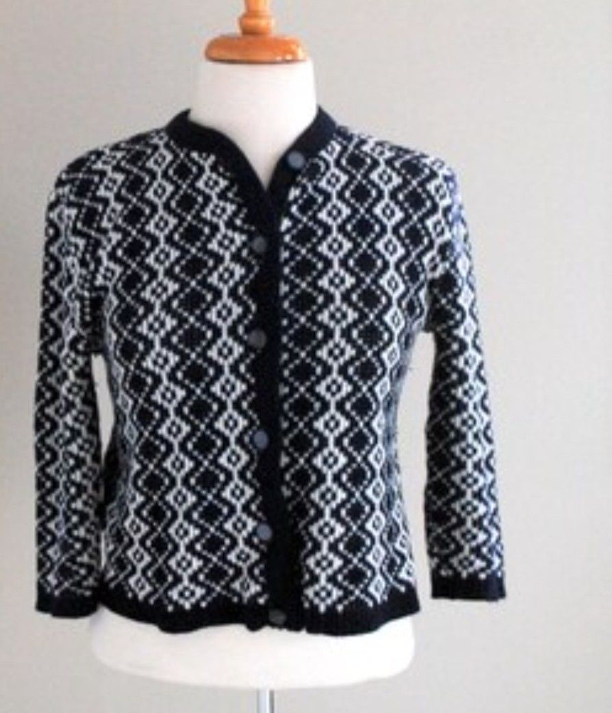 Navy and White Geometric Pattern Button-Up Cardigan (Category: Coats, Jackets and Outerwear) located in Quezon City. Submitted by cathyignaciogo09 (Listing ID 1463647416, Image 1). Description: - Classic navy and white geometric pattern - Button-up front with dark trim - Long sleeves - Cozy knit material - Ideal for layering over tops or dresses.