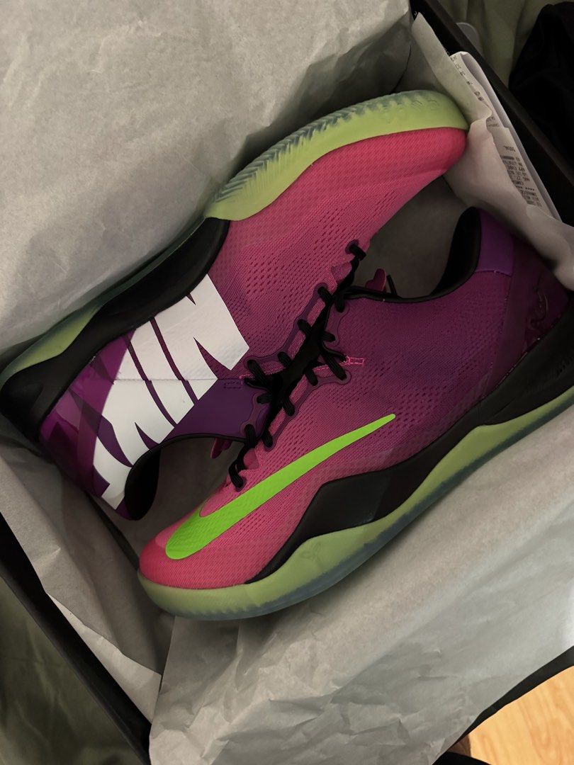 Nike Kobe Protro 8 Mambacurial (Category: Sneakers) located in Quezon City. Submitted by gmad595 (Listing ID 1463588242, Image 2). Description: - Nike Kobe Mamba Focus basketball shoes - Eye-catching pink and purple gradient upper - Neon green accents for a pop of color - Translucent outsole - Comes with original box - Perfect for basketball games or everyday wear.