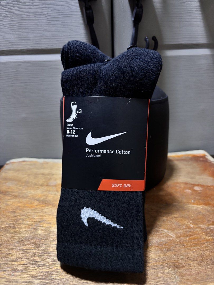 Nike Performance Cotton Cushioned Crew Socks (3 Pairs) (Category: Socks) located in Pasig City. Submitted by abogadosupremo (Listing ID 1463586920, Image 1). Description: - Set of 3 black Nike crew socks - Men's size 8-12 - Made with performance cotton for comfort - Cushioned and moisture-wicking to keep feet dry - Ideal for everyday wear or sports - Proudly made in the USA - 100% Legit and Authentic - Brandnew - Color may vary due to lighting - 