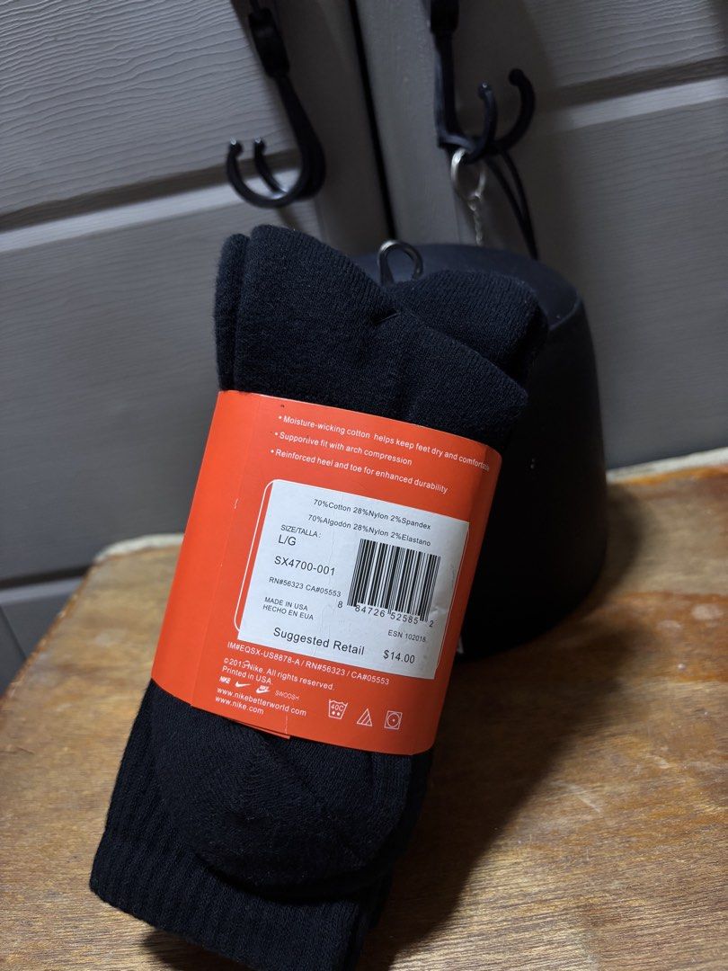 Nike Performance Cotton Cushioned Crew Socks (3 Pairs) (Category: Socks) located in Pasig City. Submitted by abogadosupremo (Listing ID 1463586920, Image 2). Description: - Set of 3 black Nike crew socks - Men's size 8-12 - Made with performance cotton for comfort - Cushioned and moisture-wicking to keep feet dry - Ideal for everyday wear or sports - Proudly made in the USA - 100% Legit and Authentic - Brandnew - Color may vary due to lighting - 