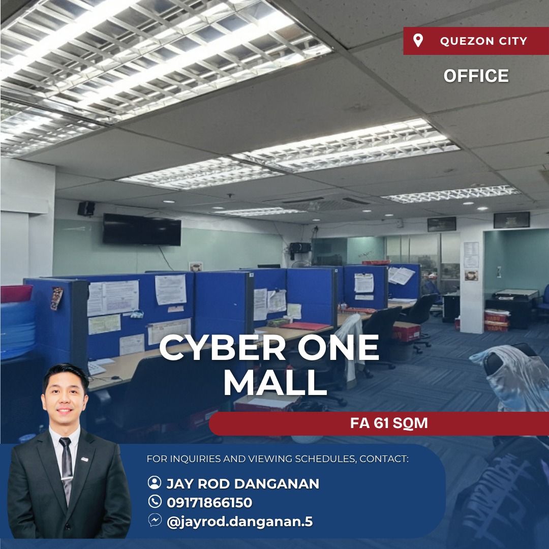 Office Unit at Cyber One Mall, Quezon City (Category: Commercial) located in Taguig. Submitted by jayroddanganan (Listing ID 1463681196, Image 1). Description: Property Code: DS88-004164 Location: Cyber One Mall, Quezon City Property Details Floor Area: 61 sqm Furnishing: Fitted Title Status: Clean Title Occupancy: Currently Tenanted Property Features ✔ 61 sqm commercial office unit ✔ Fitted and ready for office use ✔ Currently tenanted ✔ Clean t