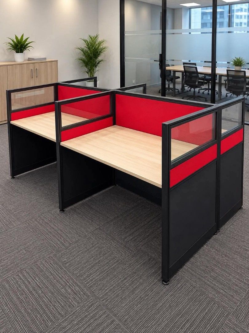 Office Workstation Cubicle Desk with Red Dividers (Category: Office Furniture & Fixtures) located in Quezon City. Submitted by kcofficefurnitures (Listing ID 1463712341, Image 1). Description: 🪑 OFFICE WORKSTATION / CUBICLE – FOR SALE Modern Office Workstation with Partition ✔️ Light wood tabletop ✔️ Black aluminum frame ✔️ Red fabric privacy panels ✔️ Clear glass/acrylic upper panels ✔️ Individual workstation setup ✔️ Clean & modern design ✔️ I