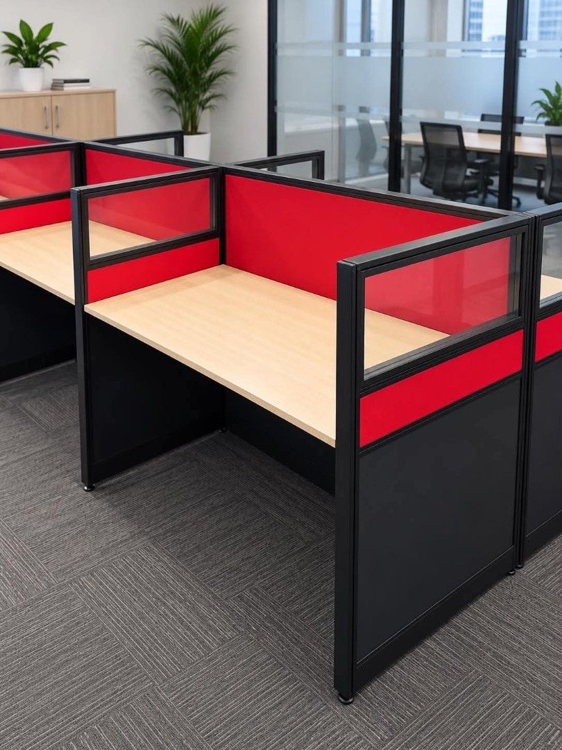 Office Workstation Cubicle Desk with Red Dividers (Category: Office Furniture & Fixtures) located in Quezon City. Submitted by kcofficefurnitures (Listing ID 1463712341, Image 2). Description: 🪑 OFFICE WORKSTATION / CUBICLE – FOR SALE Modern Office Workstation with Partition ✔️ Light wood tabletop ✔️ Black aluminum frame ✔️ Red fabric privacy panels ✔️ Clear glass/acrylic upper panels ✔️ Individual workstation setup ✔️ Clean & modern design ✔️ I