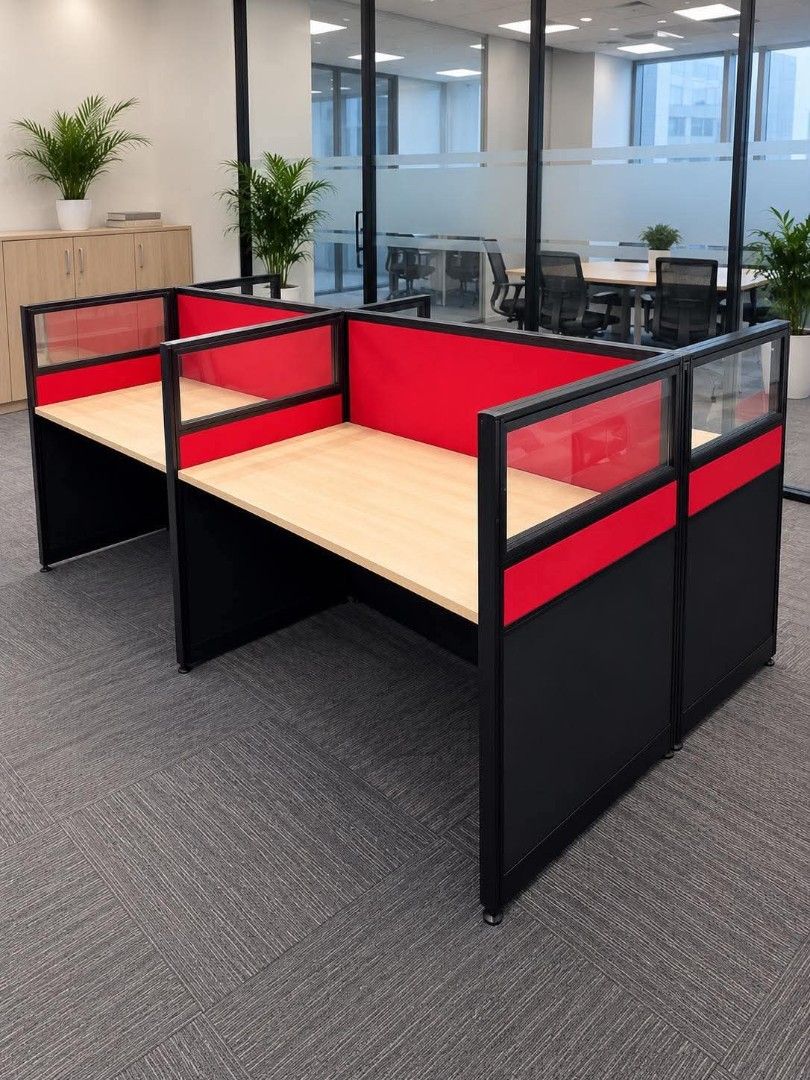 Office Workstation Cubicle Desk with Red Dividers (Category: Office Furniture & Fixtures) located in Quezon City. Submitted by kcofficefurnitures (Listing ID 1463712341, Image 3). Description: 🪑 OFFICE WORKSTATION / CUBICLE – FOR SALE Modern Office Workstation with Partition ✔️ Light wood tabletop ✔️ Black aluminum frame ✔️ Red fabric privacy panels ✔️ Clear glass/acrylic upper panels ✔️ Individual workstation setup ✔️ Clean & modern design ✔️ I