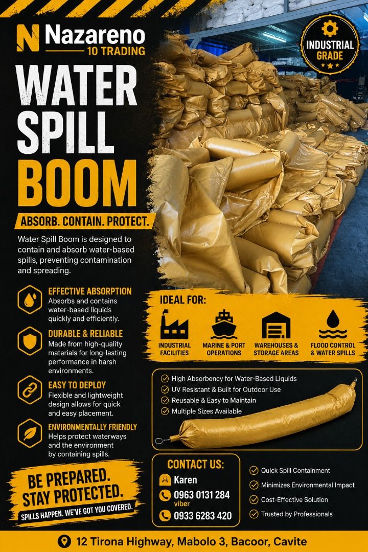 OIL SPILL BOOM (Category: Looking For) located in Bacoor. Submitted by kajezame.2021 (Listing ID 1463616384, Image 1). Description: OIL SPILL BOOM For More Details and Discount Contact Ms. Karen NAZARENO 10 TRADING 0963 0131 284 0933 6283 420 0956 7028 557 0933 8559 510 Landline: Look for Ms. Karen (046 ) 416 3920 Also available: • Traffic cone • Parking Block stopper • Hooded trash bin • Road Plastic Barrier • Spill boom • Fishing buoy • Spill K