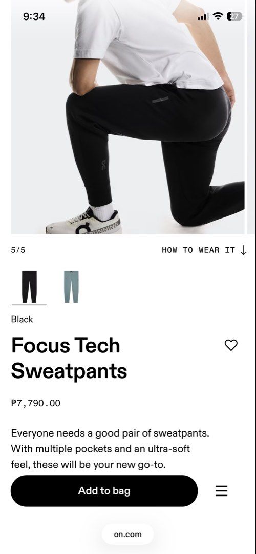 On Running Focus Tech Sweatpants Black Size S (Category: Joggers) located in Makati City. Submitted by tors.villa (Listing ID 1463577910, Image 3). Description: - Brand: On Running - Model: Focus Tech Sweatpants - Color: Black - Size: S - Features: Drawstring waist, zippered back pocket - Material: Soft and comfortable fabric - Condition: Recently purchased, doesn't fit as expected - Ideal for: Everyday wear, workouts.