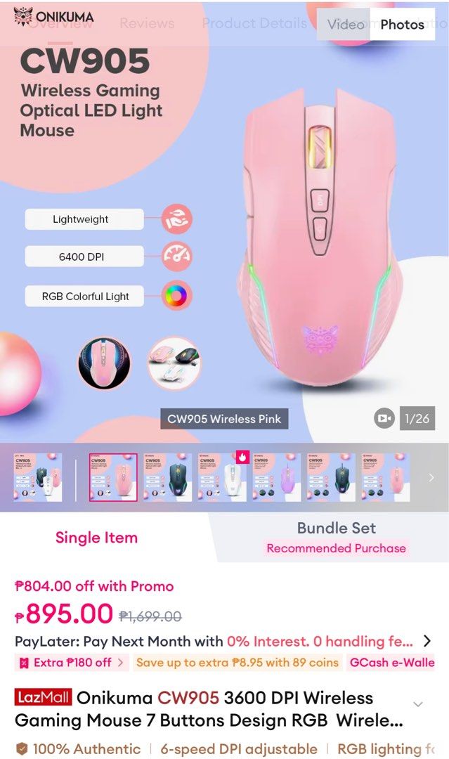 Onikuma CW905 Pink Wireless Gaming Optical LED Light Mouse (Category: Mouse & Mousepads) located in Manila. Submitted by starbalesukandjapansurplus (Listing ID 1463582393, Image 1). Description: - Pink Onikuma CW905 Wireless Gaming Mouse - Lightweight design for comfortable gaming sessions - High precision with 6400 DPI adjustable sensitivity - Vibrant RGB colorful lighting effects - 7 programmable buttons for customized control - Includes USB ca