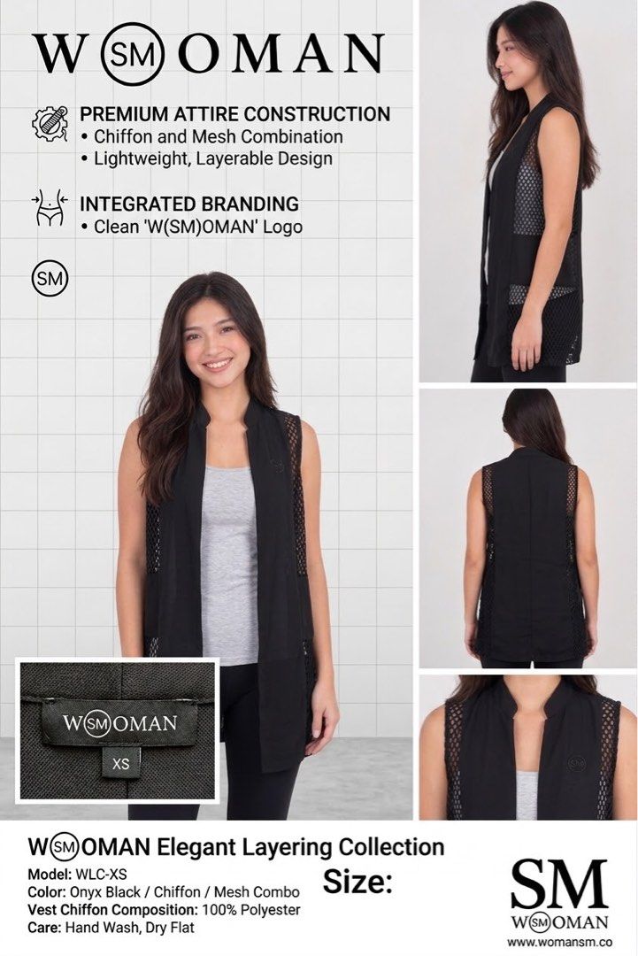 Onyx Black Chiffon/Mesh Combo Vest (Category: Looking For) located in Paranaque City. Submitted by hershop.sbt (Listing ID 1463581247, Image 1). Description: Discover the perfect blend of sophisticated style and premium comfort. Part of our Elegant Layering Collection, this open-front, long-line vest is crafted from elegant black chiffon and a breathable, textured performance mesh combo. Designed with an optimal ergonomic fit, it offers a lightwe