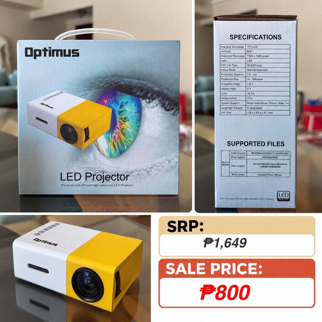 OPTIMUS LED PROJECTOR (Category: Projectors) located in Makati City. Submitted by TZ.Collections (Listing ID 1463591048, Image 1). Description: -BRAND-NEW -SLIGHTLY NEGOTIABLE -FREE SHIPPING WITHIN MAKATI.