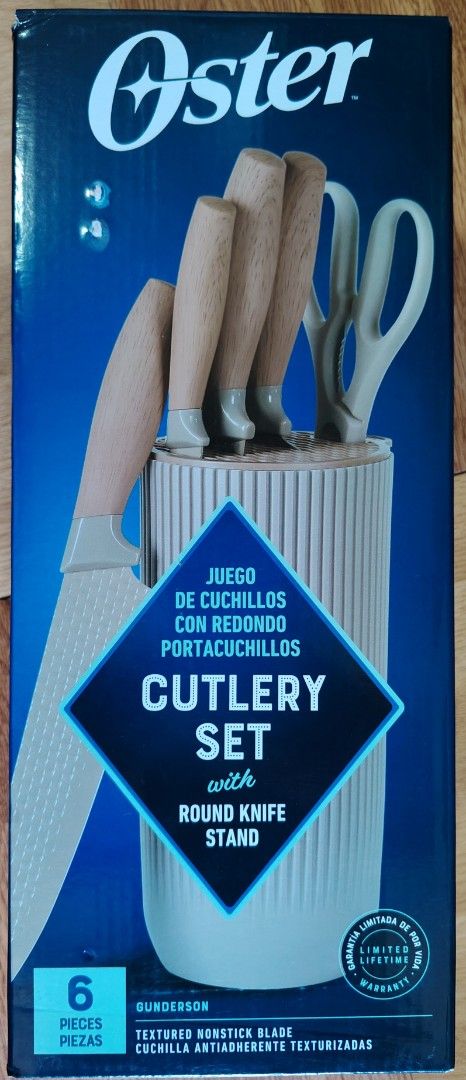 Oster Cutlery Set with Round Knife Stand - 6 Pieces (Category: Dinnerware & Cutlery) located in Paranaque City. Submitted by dudezz1222 (Listing ID 1463578005, Image 1). Description: - Complete Oster Cutlery set (6 pieces) for your kitchen needs. - Includes: Chef Knife, Slicer Knife, Cleaver, Utility Knife, and Kitchen Shears. - Features textured, nonstick stainless steel blades for easy cutting. - Ergonomically designed handles ensure a comforta