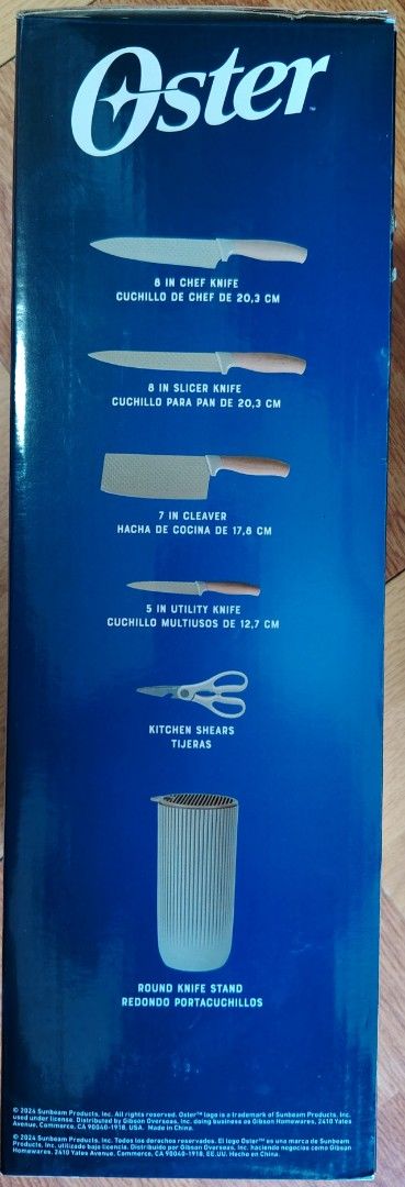 Oster Cutlery Set with Round Knife Stand - 6 Pieces (Category: Dinnerware & Cutlery) located in Paranaque City. Submitted by dudezz1222 (Listing ID 1463578005, Image 2). Description: - Complete Oster Cutlery set (6 pieces) for your kitchen needs. - Includes: Chef Knife, Slicer Knife, Cleaver, Utility Knife, and Kitchen Shears. - Features textured, nonstick stainless steel blades for easy cutting. - Ergonomically designed handles ensure a comforta