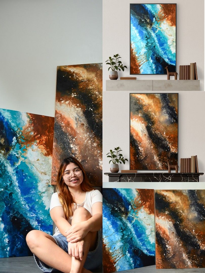 PAINTING FOR SALE (Category: Wall Decor) located in Bulacan. Submitted by janeadan_arts (Listing ID 1463697983, Image 1). Description: NEW ARTWORKS ALERT! Freshly finished these 2 abstract pieces! One is giving calm ocean flow, and the other gives cozy cosmic earth vibes. Perfect addition for your home, condo, or studio space! ✅ Both pieces are AVAILABLE ✅ Open for custom/commissioned artwork 💬 PM me for price, size details, or reservations! 📩 