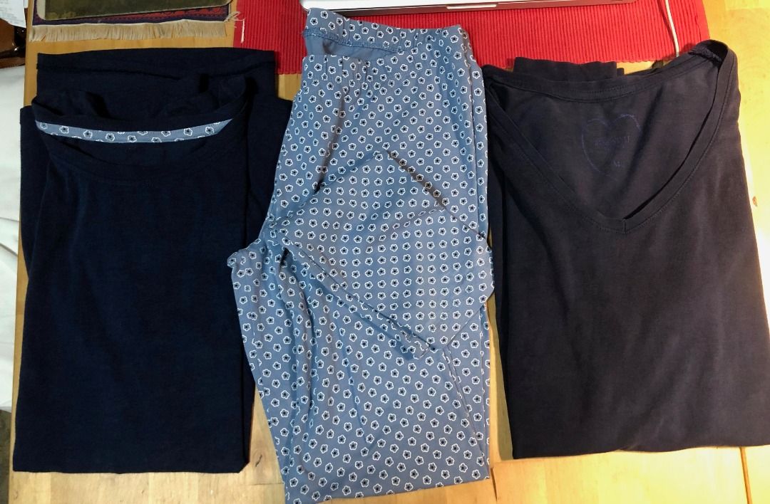 Pajama Set with Patterned Pants 3-pcs. (Category: Undergarments & Loungewear) located in Calamba. Submitted by marjoh29436 (Listing ID 1463694233, Image 1). Description: A comfy pajama set made from soft fabric, 2 navy blue tops, 1 pair of patterned pajama pants with geometric pattern and ideal for lounging at home and for bed too! USED, clean and show signs of wear but retain in good condition. SIZE: Medium (SEE PHOTOS) NEGOTIABLE!!! For more in