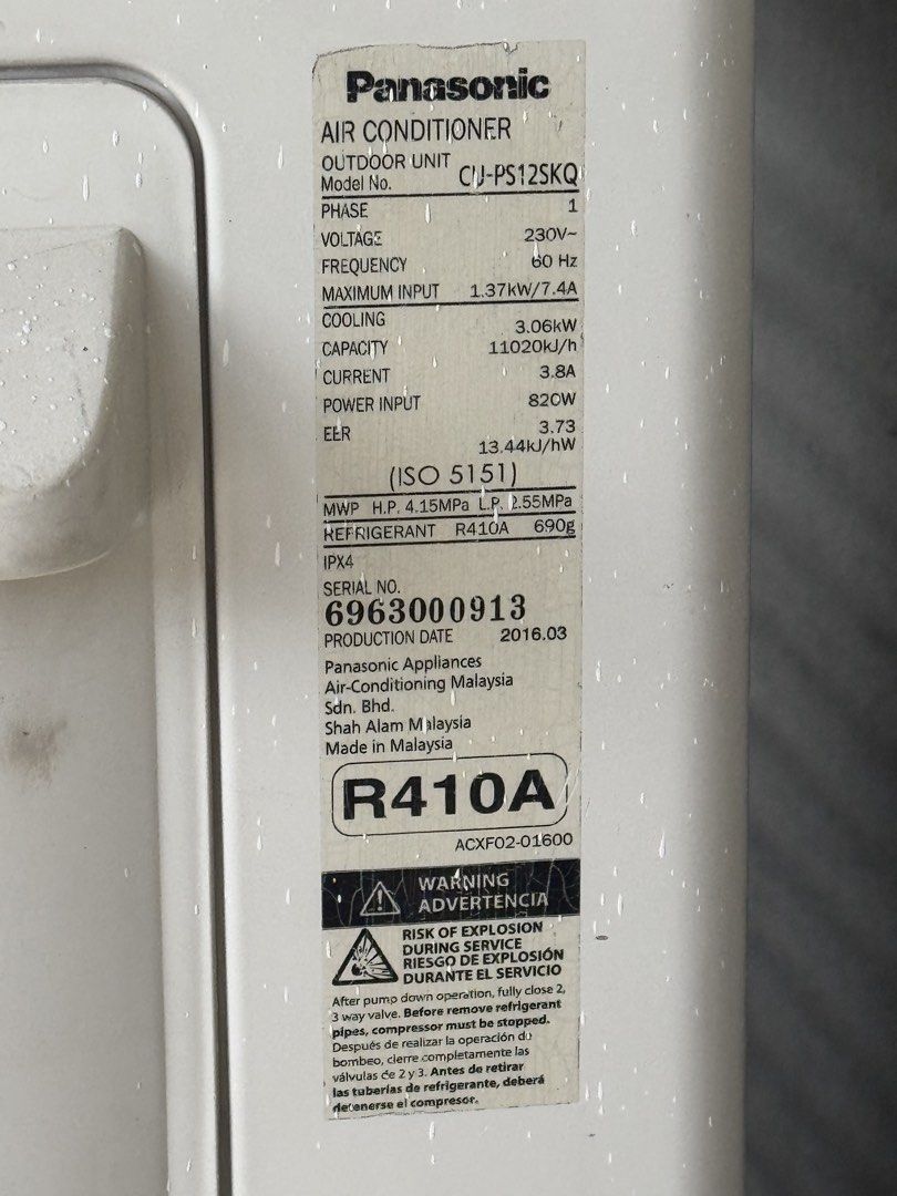Panasonic Inverter ACU Complete R410A Models (Category: Other Home Appliances) located in Pasig City. Submitted by _rajasully (Listing ID 1463679614, Image 3). Description: Disposing these well used WORKING Panasonic Split-type A/C units + their condensers. Left unit = 1.5hp | ₱18,499 Right unit = 2.Ohp | ₱20,499 Take All = ₱37,499 *Each comes with their own remote, but can be used interchangeably *Price is listed as a set, but can be bought sepa