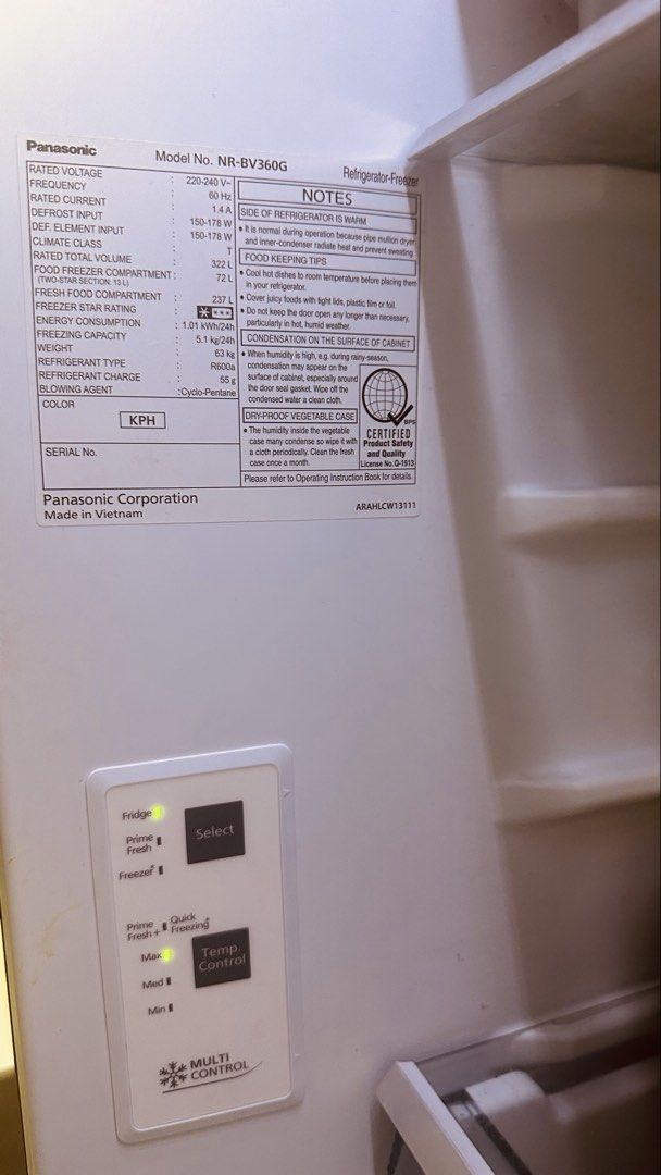 Panasonic Refrigerator NR-BV360G Black (Category: Refrigerators and Freezers) located in Quezon City. Submitted by shenicaj (Listing ID 1463621709, Image 2). Description: - Panasonic Refrigerator NR-BV360G - 375L Capacity - Sleek Black Finish - Prime Fresh Compartment for extended food freshness - Energy Efficient: 4-Star Rating - Dimensions: 150-178cm (Height) x 59.5cm (Width) x 65.6cm (Depth) - Made in Vietnam - 1 1/2 years old only With FREE P