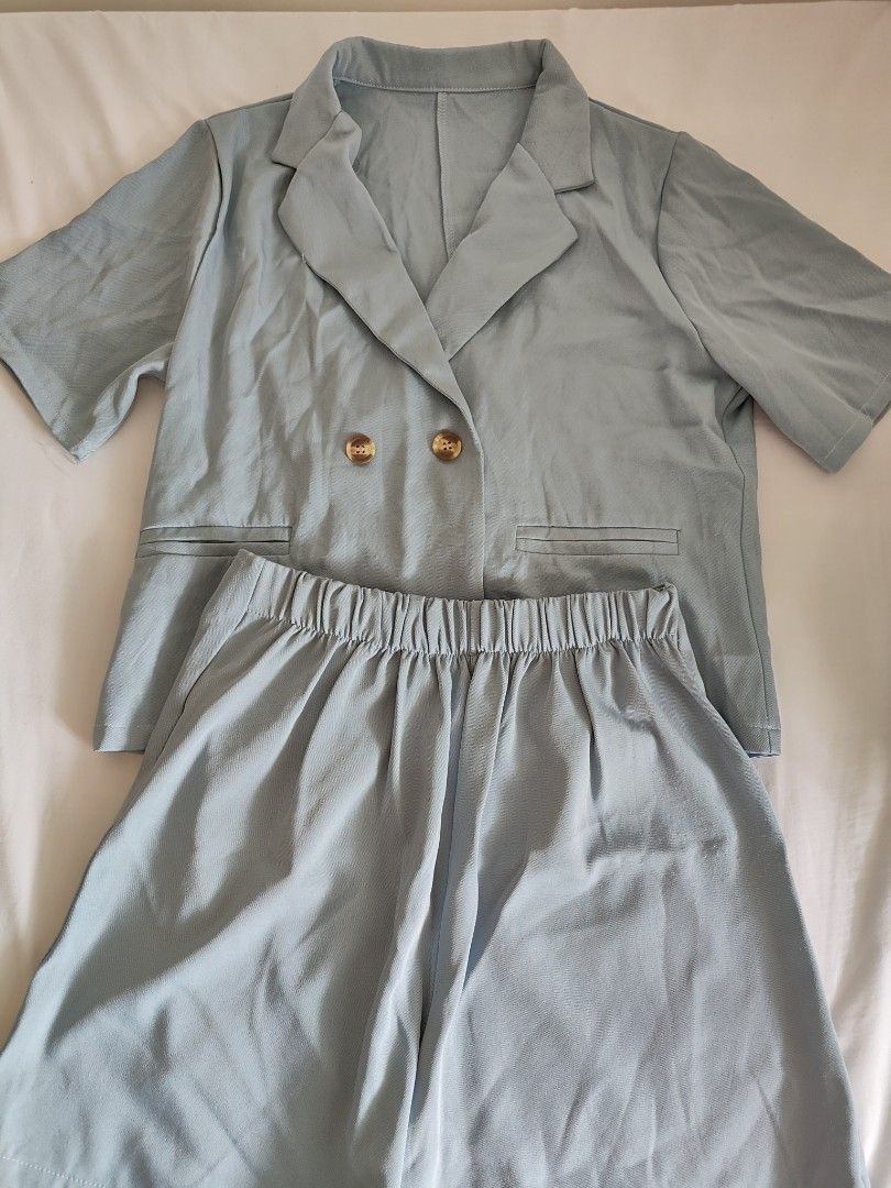 Pastel blue blazer & shorts coords set (Category: Sets or Coordinates) located in Cavite. Submitted by itstrish23 (Listing ID 1463583138, Image 2). Description: Coords set ✨ HQ never been used stretchy fabric for short soft fabric garterized fits small - medium frames no flaws no damage seller from cavite.
