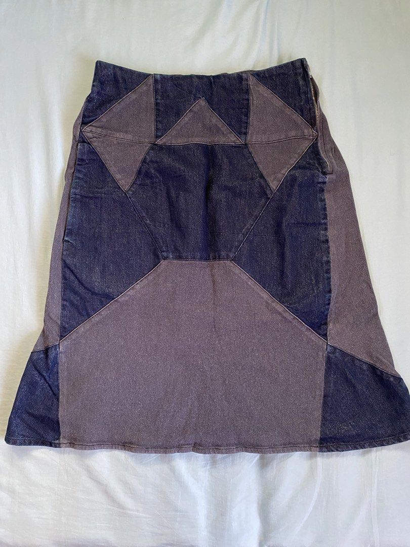 Patchwork Denim A-Line Skirt (Category: Skirts) located in Manila. Submitted by heyheyruok (Listing ID 1463610697, Image 1). Description: * With pocket * Zipper on the upper left * Gartered back waist * May glitters ‘yong darkened patterns * Lightweight fabric, no inner lining * Length: 59 cm * Waistline: 24.5 in (stretchable).