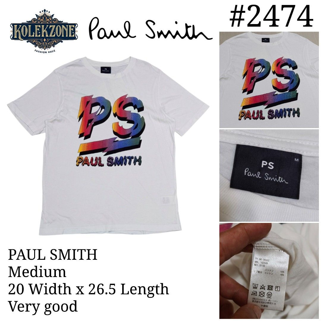 Paul Smith PS T-shirt Medium White (Category: Tshirts & Polo Shirts ) located in Nasugbu. Submitted by staffpicks1515 (Listing ID 1463651105, Image 1). Description: - Brand: Paul Smith - Color: White - Size: Medium (M) - Measurements: 20" width, 26.5" length - Condition: Very Good - Design: Colorful PS logo graphic - Origin: Made in China.