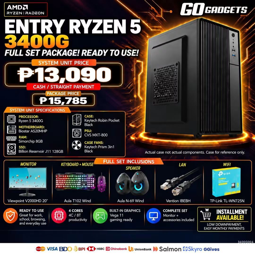 ENTRY RYZEN 5 3400G PC Package 4 (Category: Desktops) located in Caloocan City. Submitted by kentsalvador31 (Listing ID 1463639085, Image 1). Description: ENTRY RYZEN 5 3400G | RADEON VEGA 11 | 8GB RAM | 128GB SSD | 20" MONITOR | FULL SET INCLUSIONS Go Gadgets - Kawit Cavite 💬 Message us now for full specs & recommendations! 🖥️ We offer: ✔ Gaming PC Builds ✔ Work / Office PC Builds ✔ Editing / Productivity PC Builds ✔ PC upgrades and accessorie