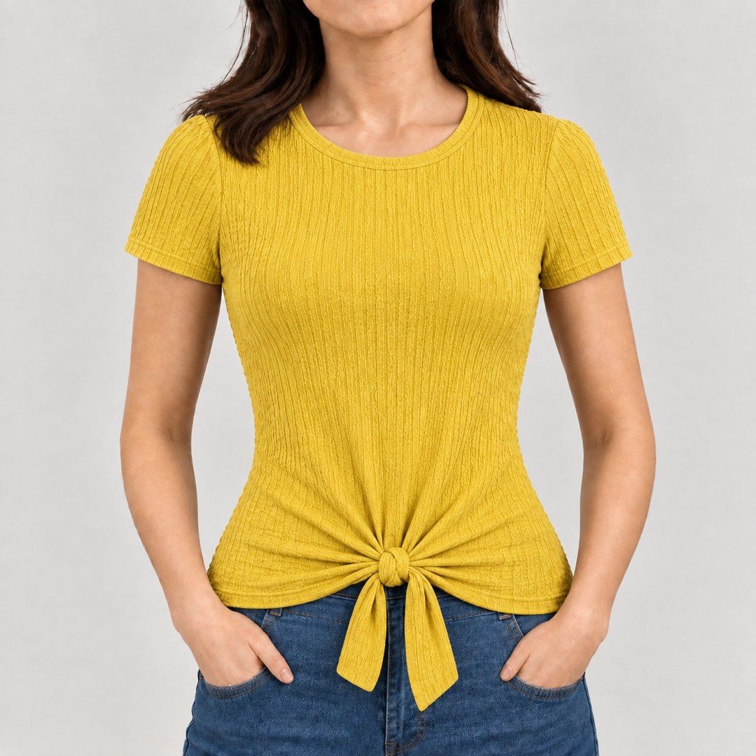 Peacocks Yellow Ribbed Tie Front T-Shirt Size 12 (Category: Shirts) located in San Ildefonso. Submitted by rgdeclutters (Listing ID 1463676413, Image 2). Description: L 21" W 15" Stretchy.
