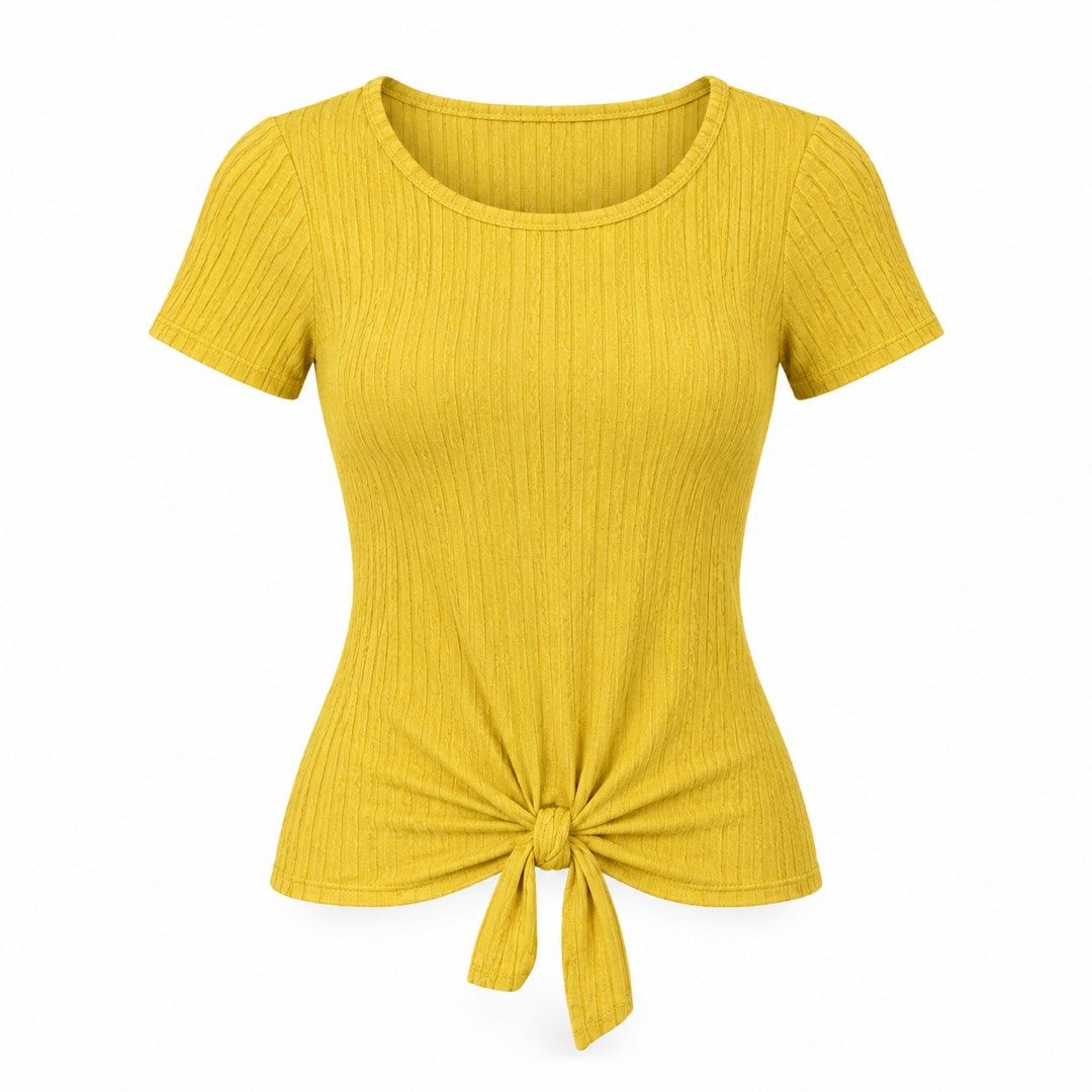 Peacocks Yellow Ribbed Tie Front T-Shirt Size 12 (Category: Shirts) located in San Ildefonso. Submitted by rgdeclutters (Listing ID 1463676413, Image 1). Description: L 21" W 15" Stretchy.