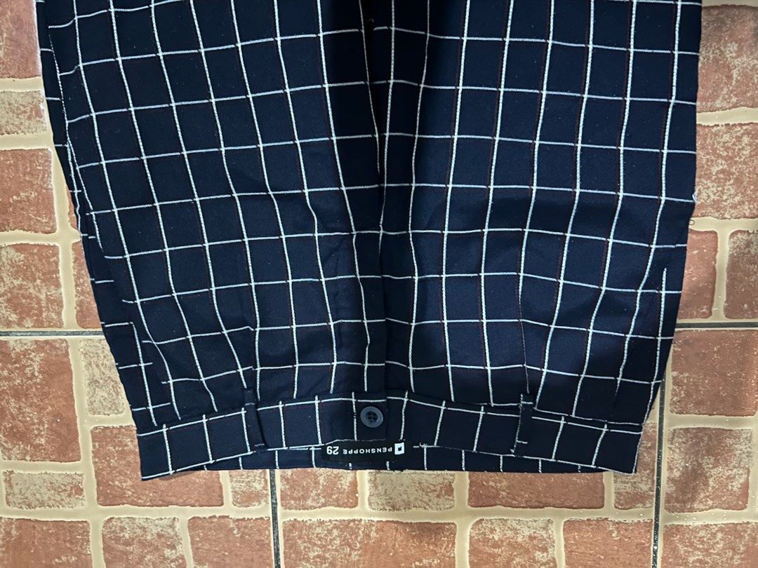 PENSHOPPE Navy Blue Grid Pattern Pants Size 29 (Category: Trousers) located in Quezon City. Submitted by golden.dclosets (Listing ID 1463710344, Image 2). Description: - Navy blue PENSHOPPE pants - Size 29 - White grid pattern - Button and zip front closure - Comfortable fabric blend - Ideal for casual and smart-casual wear - Measurements available in photos.