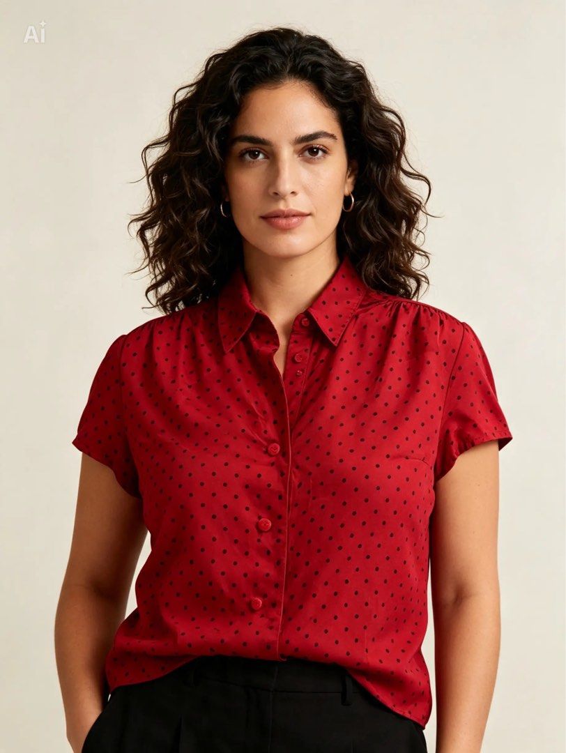PETER HAHN (Category: Blouses) located in Davao. Submitted by sart0ria85 (Listing ID 1463656317, Image 2). Description: A scarlet red collared blouse with mini black polka dots. 100% SILK Label is removed. MEDIUM. Size 6 VERY GOOD CONDITION (87/100) .