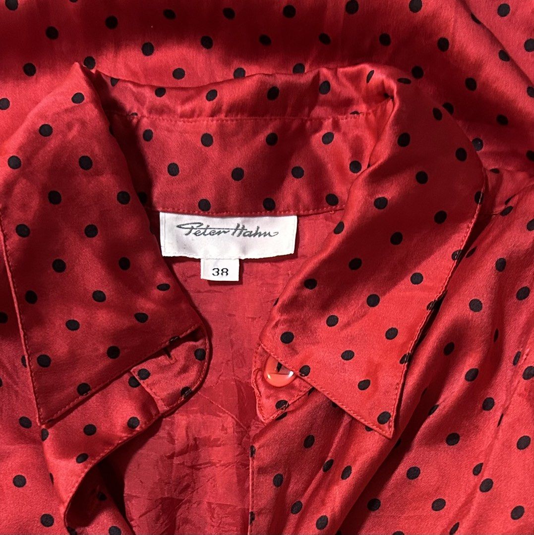 PETER HAHN (Category: Blouses) located in Davao. Submitted by sart0ria85 (Listing ID 1463656317, Image 3). Description: A scarlet red collared blouse with mini black polka dots. 100% SILK Label is removed. MEDIUM. Size 6 VERY GOOD CONDITION (87/100) .