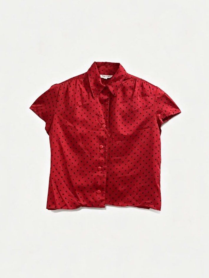 PETER HAHN (Category: Blouses) located in Davao. Submitted by sart0ria85 (Listing ID 1463656317, Image 1). Description: A scarlet red collared blouse with mini black polka dots. 100% SILK Label is removed. MEDIUM. Size 6 VERY GOOD CONDITION (87/100) .