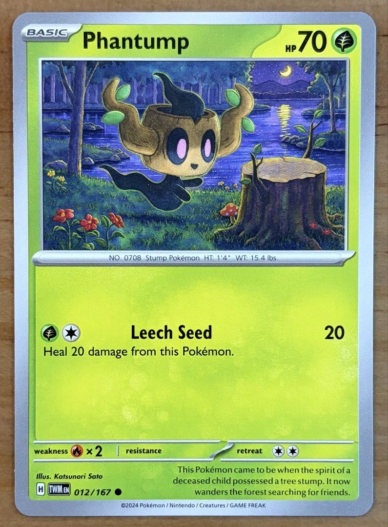 Phantump | Pokemon Cards ~ Twilight Masquerade (Category: Raw Singles) located in Makati City. Submitted by cardlab (Listing ID 1463578423, Image 1). Description: Items are 💯 authentic/original/legit. About The Card: •Language: EN • Number: 012/167 • Common • Normal FOR: • Cards ₱99 and below with Card Sleeves • Cards ₱100 and up with Card Sleeves and Used Toploader • ₱10 for Bnew Tops Packaging (If Shipping): ✔️ Plastic cover ✔️ Cardboard ✔️ Bu