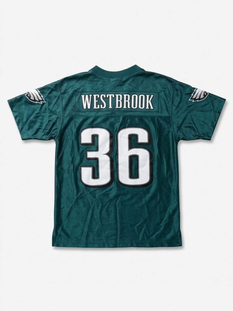 Philadelphia Eagles Brian Westbrook #36 NFL Jersey (Category: Activewear) located in Pasay City. Submitted by ken_98 (Listing ID 1463590772, Image 3). Description: - Authentic Philadelphia Eagles jersey - Features Brian Westbrook's name and number 36 - Teal green color with white and black accents - Ideal for any Eagles fan - Show your team spirit! SIZE 10-12 YRS OLD.